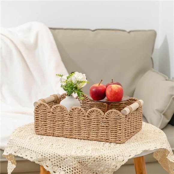 Set 2 Paper Rope Scalloped Edge Decor Basket, Neutral - Picture 5 of 5
